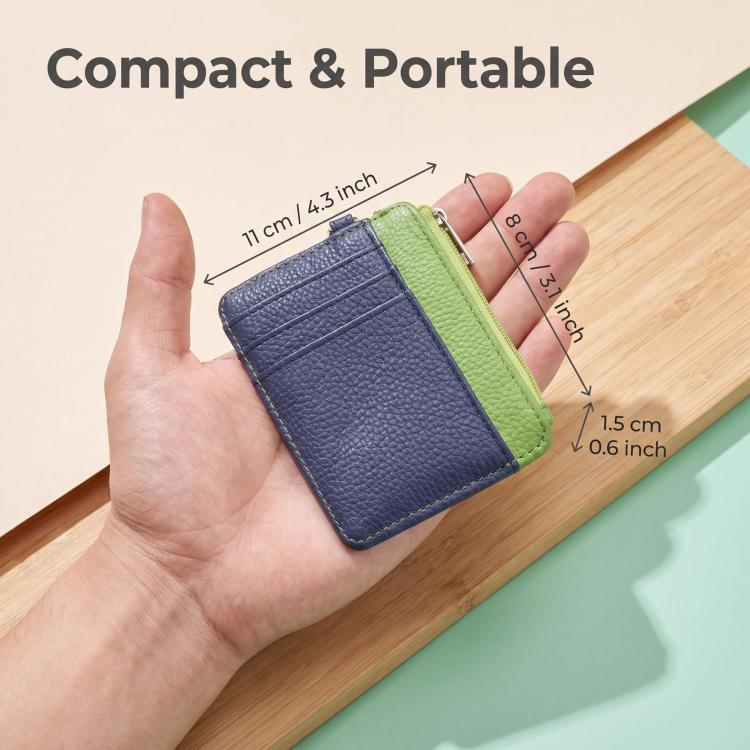 Compact square leather card holder with zip and lanyard, blue and green