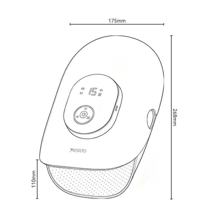 White hand massager with circular control panel and side handle, shown with dimensions