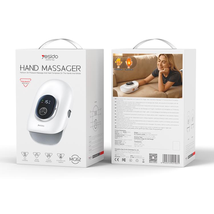 Hand massager retail box set with white device packaging, front and back shown