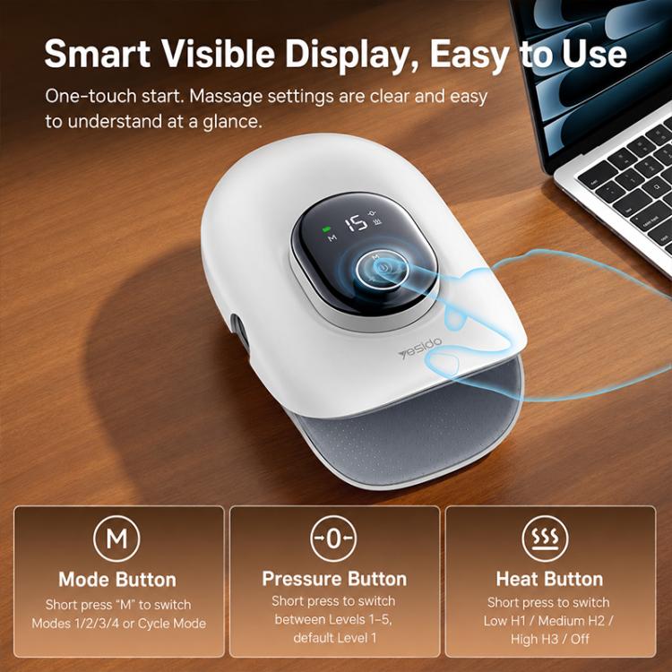 White airbag hand massager with smart touch display and mode, pressure, heat buttons