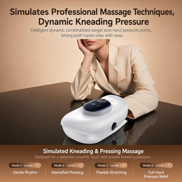 White airbag hand massager in use showing kneading and pressing massage position
