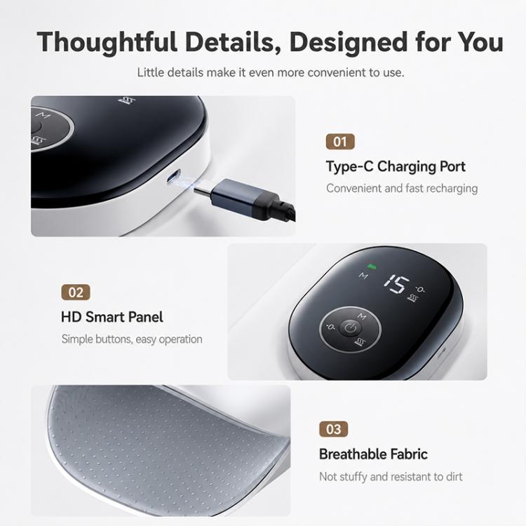 White hand massager details: Type-C charging port, smart panel, breathable fabric