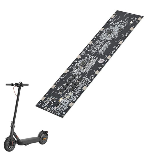 Electric scooter BMS circuit board, black PCB with white components and gold connector
