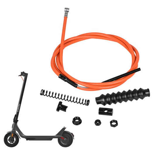 Electric scooter brake cable repair kit with orange cable, black ends, and mounting parts