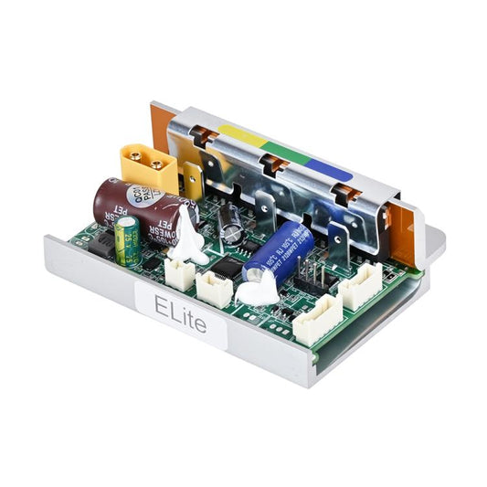 Electric scooter motor controller circuit board angled view with blue relay module
