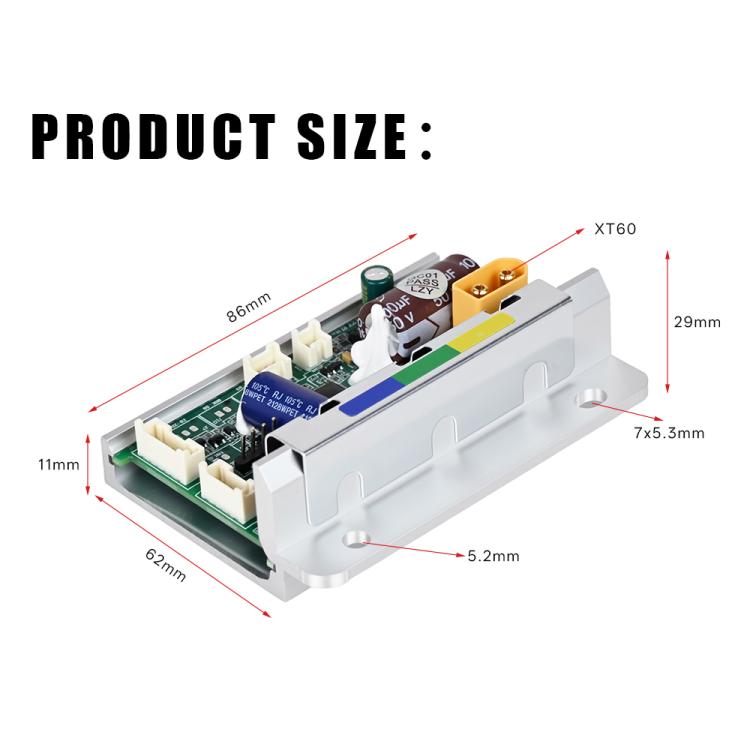 Electric scooter motor controller circuit board size diagram with labeled measurements