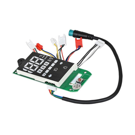 Electric scooter speedometer circuit board with connector cables and display panel