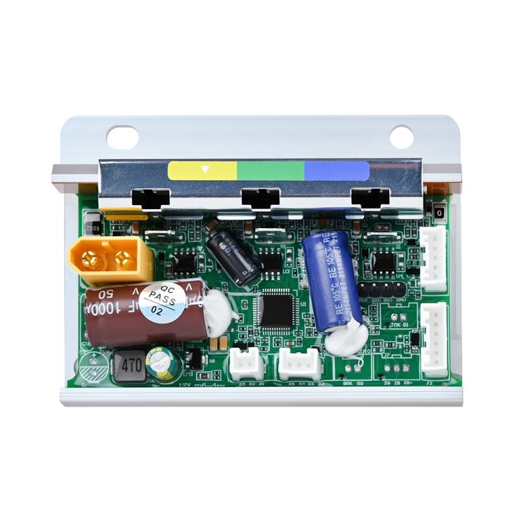 Electric scooter motor controller PCB with blue capacitor and white plug headers