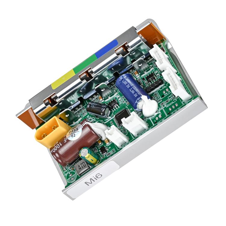 Electric scooter motor controller PCB angled view with blue components and white plug parts