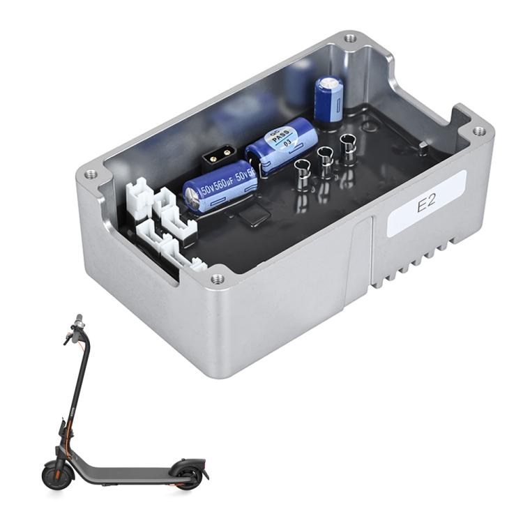 Electric scooter motor controller circuit board in metal enclosure with blue capacitors