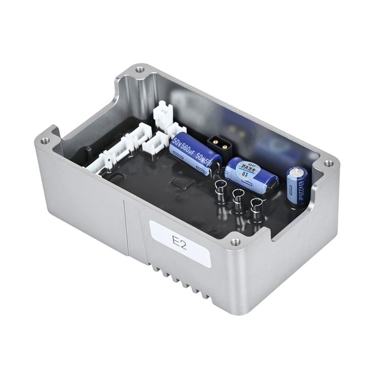 Electric scooter motor controller inside metal housing with capacitors and socket pins
