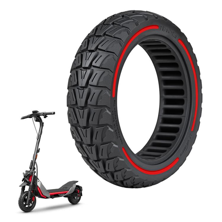 Off-road solid scooter tire with chunky tread and red inner rim detail