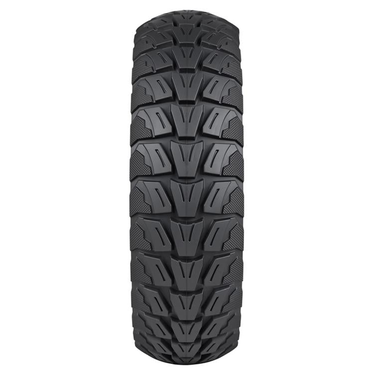 Black off-road solid tire with deep V-shaped tread blocks