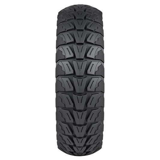 Black off-road solid tire with deep V-shaped tread blocks