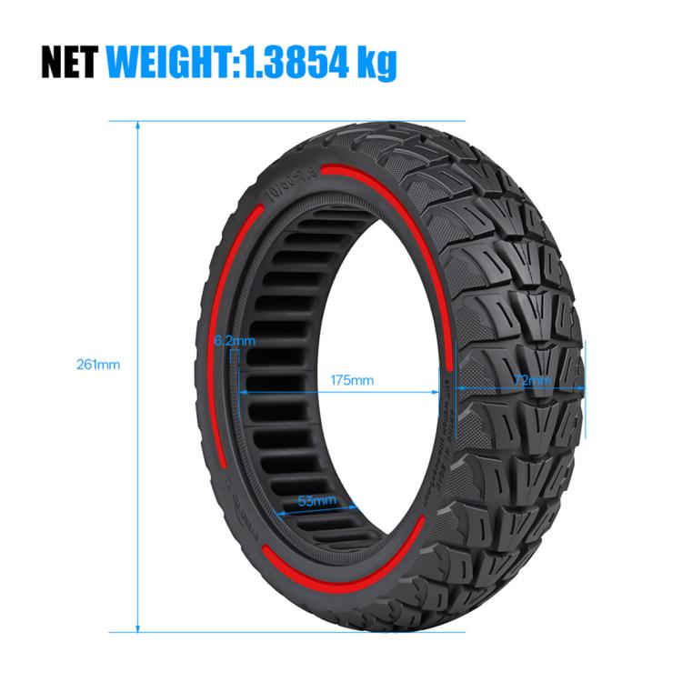 Black off-road solid tire with red inner rim and multi-directional tread