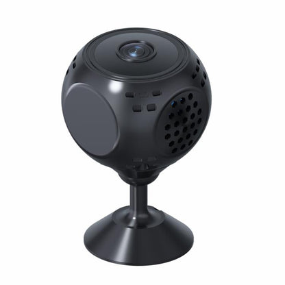 Black mini security camera with front lens and tripod-style base