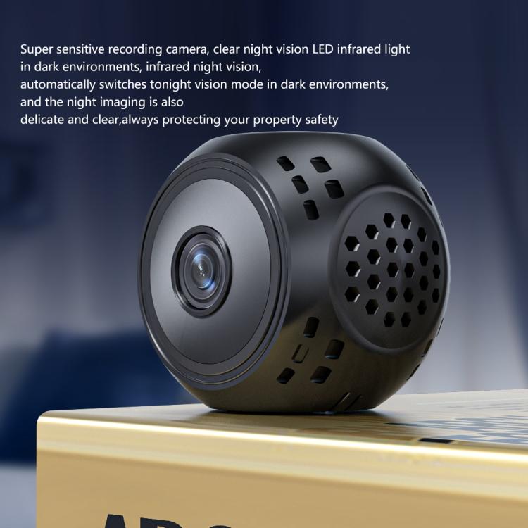 Black mini security camera with wide front lens and honeycomb speaker grille