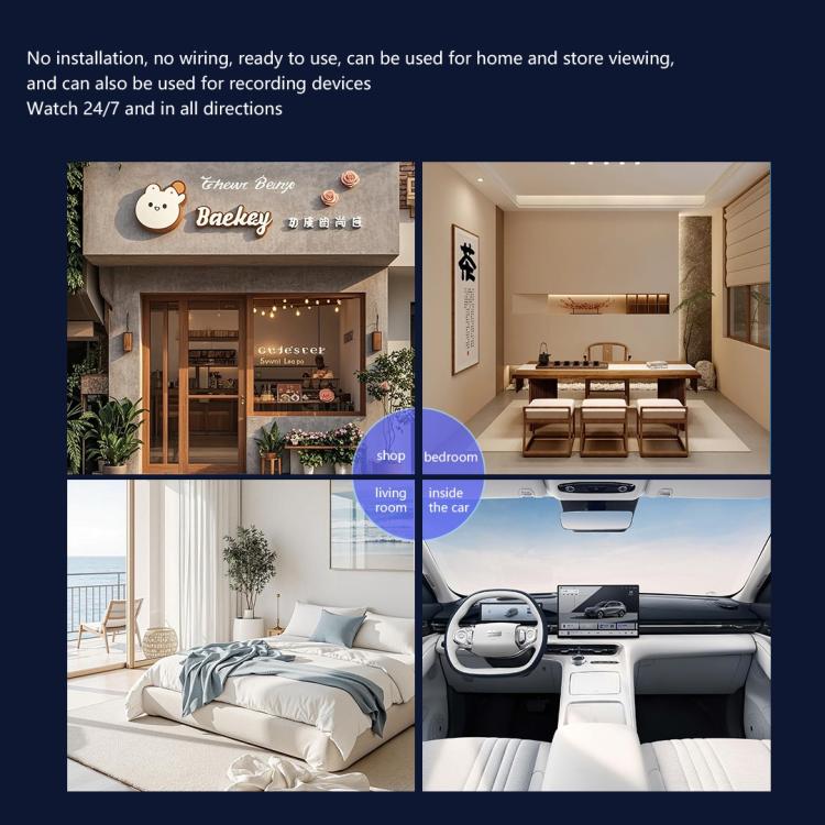 Surveillance camera app view with home, bedroom, and car camera panels