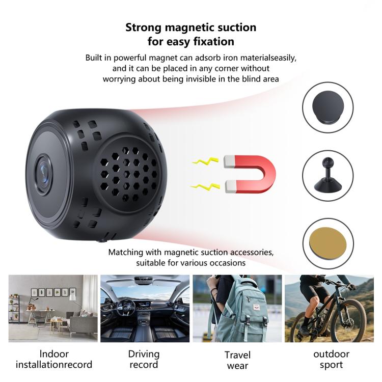 Black mini security camera with magnetic suction mount and power plug icons