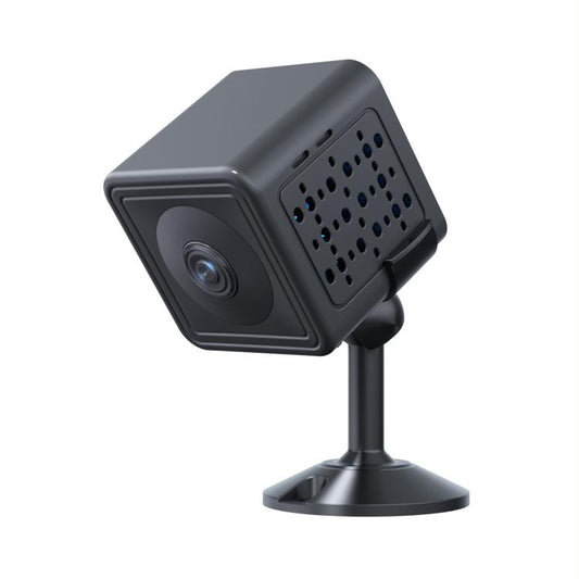 Dark gray IP camera on desk stand, front lens and perforated speaker panel visible