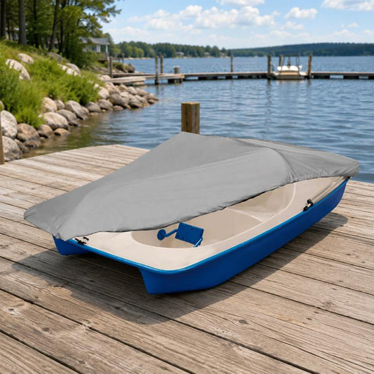 Pedal boat cover with gray top fabric and open gray deck insert on a blue pedal boat