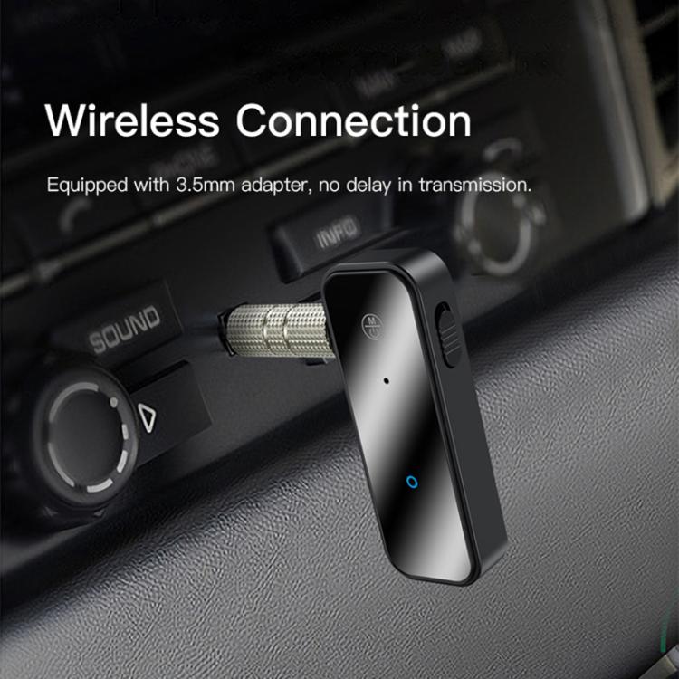 Wireless Bluetooth AUX audio adapter with 3.5mm plug and blue status light, black
