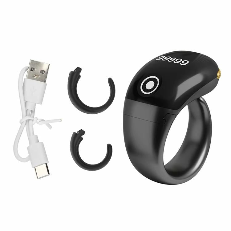Black smart counting prayer ring with OLED digits and round touch button on front