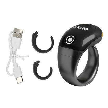 Black smart counting prayer ring with OLED digits and round touch button on front