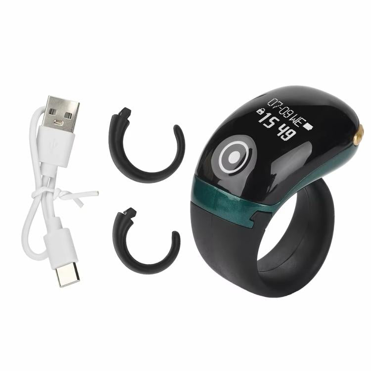 Black smart counting prayer ring with green accent band and OLED digits on face