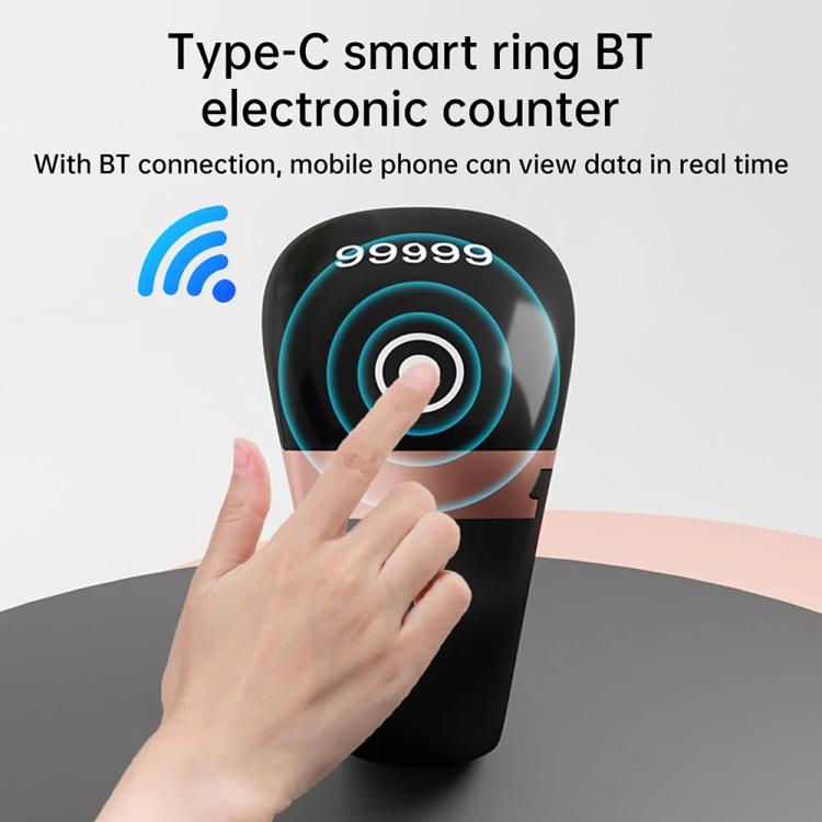 Black smart counting prayer ring with finger touching the round front button
