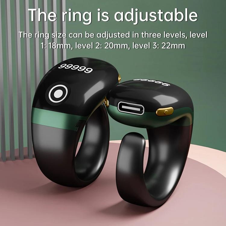 Adjustable smart counting prayer ring pair in black with green accent band, open fit