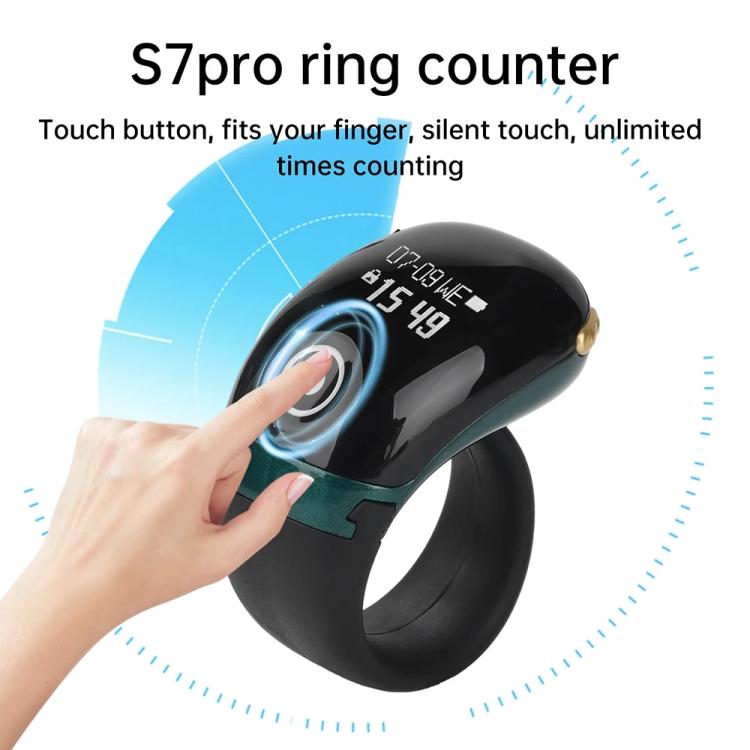 Black smart counting prayer ring with green accent band, OLED digits visible on face