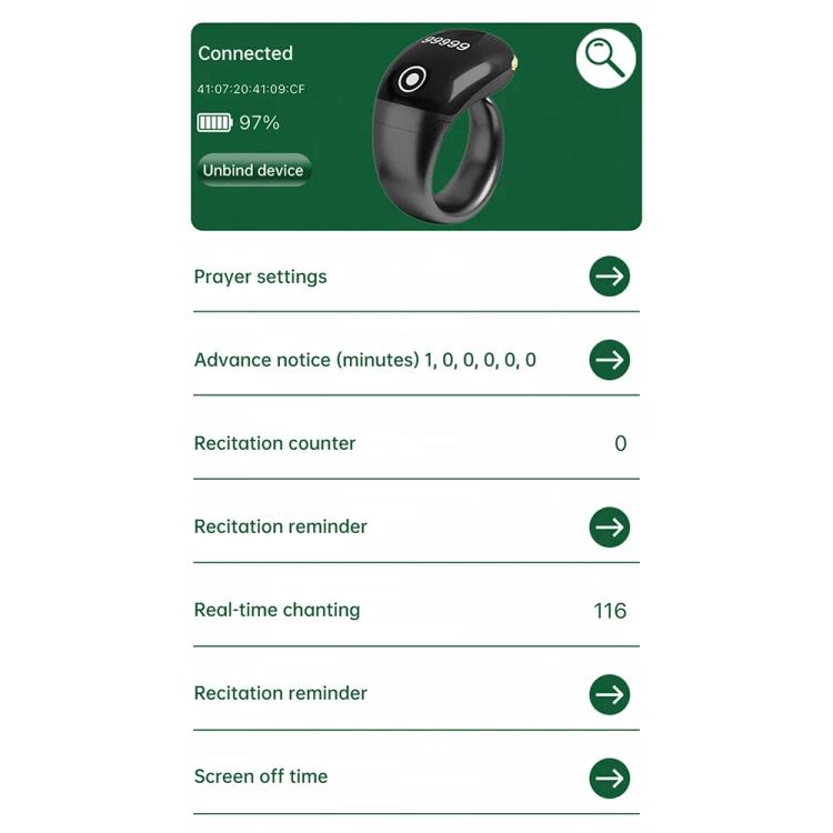 Smart prayer ring counter with connected app screen display, on-ring touch controls