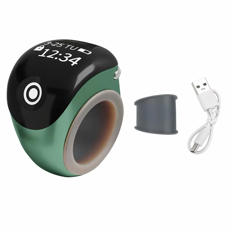 Smart prayer ring counter with green body, gray ring opening, and digital display