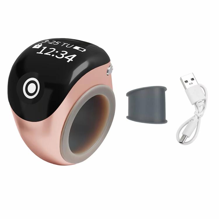 Smart prayer ring counter with rose gold body, gray ring opening, and digital display