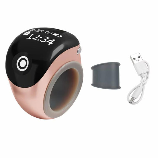 Smart prayer ring counter with rose gold body, gray ring opening, and digital display