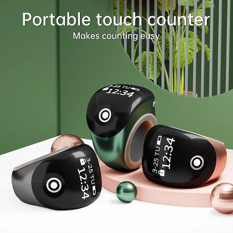 Smart prayer ring counters in black, rose gold, and green with round touch display