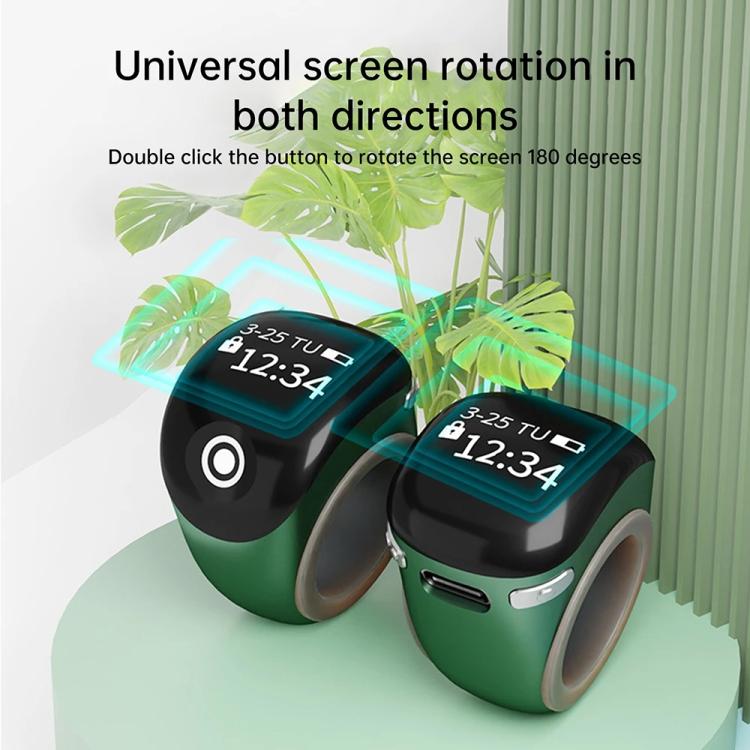 Smart prayer ring counter with green glossy body, showing digital time 12:34
