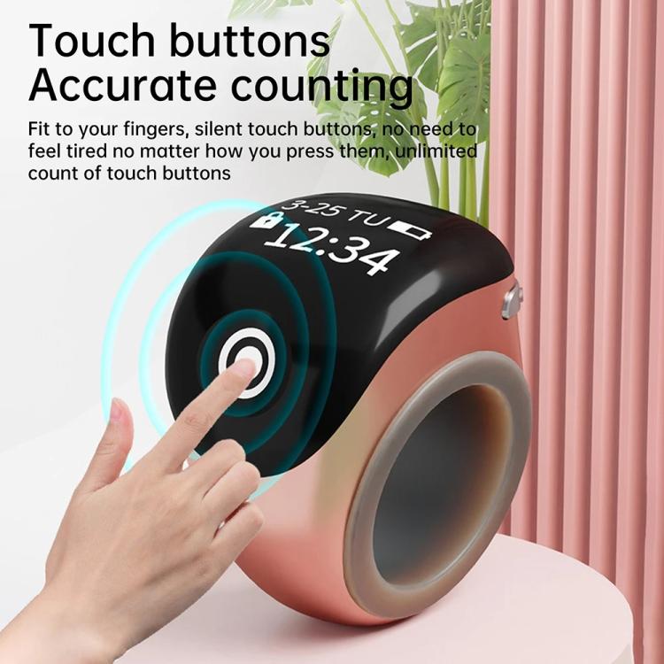 Rose gold smart prayer ring counter being tapped on the touch button