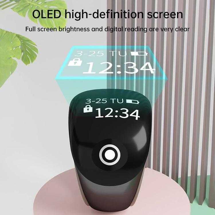 Black smart prayer ring counter with rounded screen showing 12:34