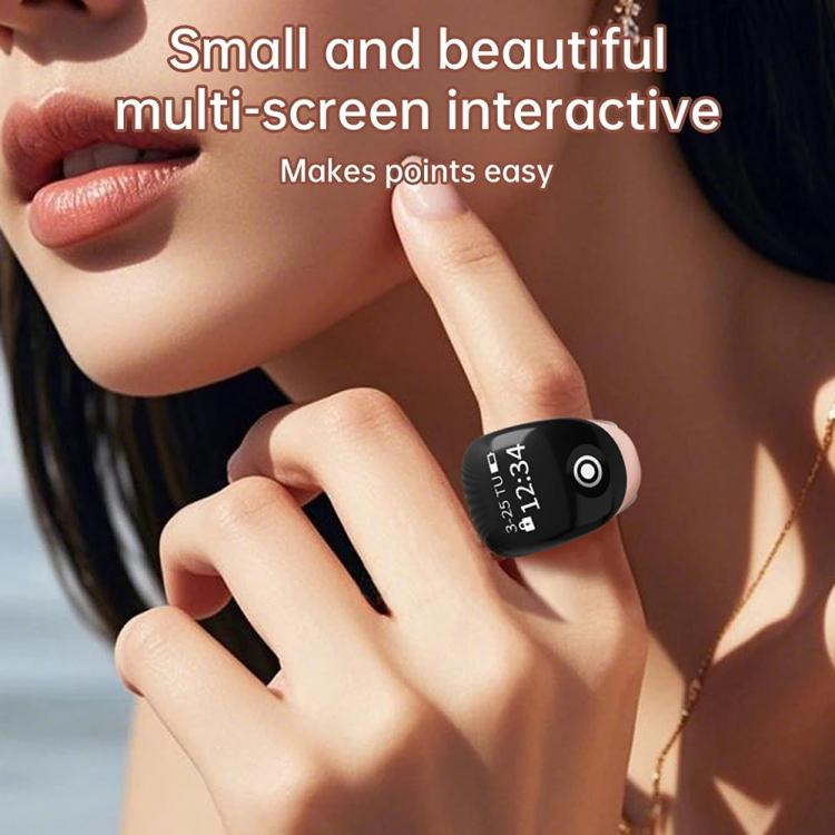 Small black smart prayer ring counter worn on a finger with 12:34 display