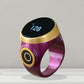 Smart Bluetooth prayer counter ring, purple band with black OLED display showing 128
