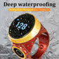 Smart Bluetooth prayer counter ring, wine red with gold trim, water droplets on OLED display