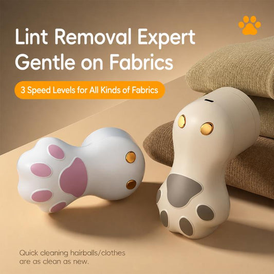 Electric lint remover with cat paw head, showing white and khaki-yellow versions