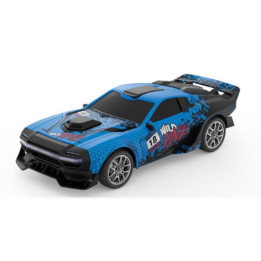 Blue graffiti drift RC car with black hood and front grille, silver wheels.