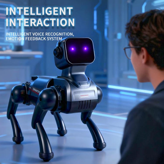Dark silver robot dog with glowing purple head light and front leg motion