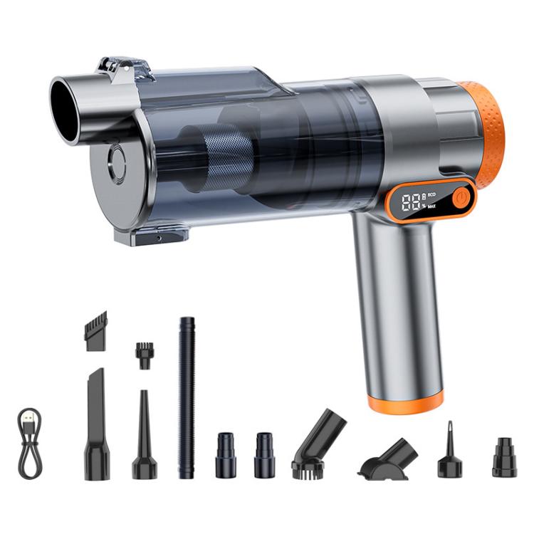Handheld car vacuum cleaner with orange accents and transparent dust chamber, side view