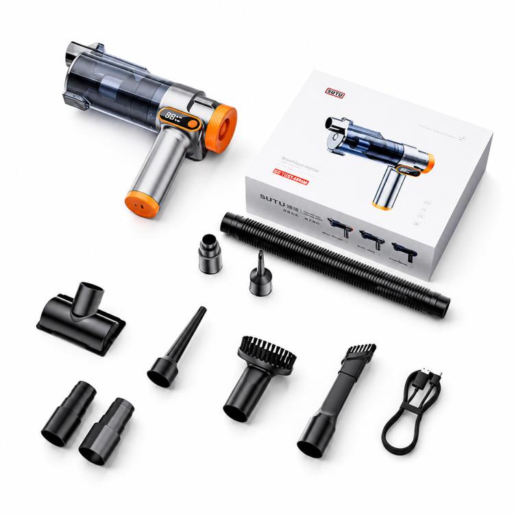 Handheld car vacuum cleaner with multiple nozzle attachments and orange trim, angled view