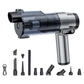 Handheld car vacuum cleaner in silver with orange ring, front-left view
