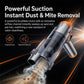 Handheld car vacuum cleaner angled with suction airflow swirl in clear dust tube